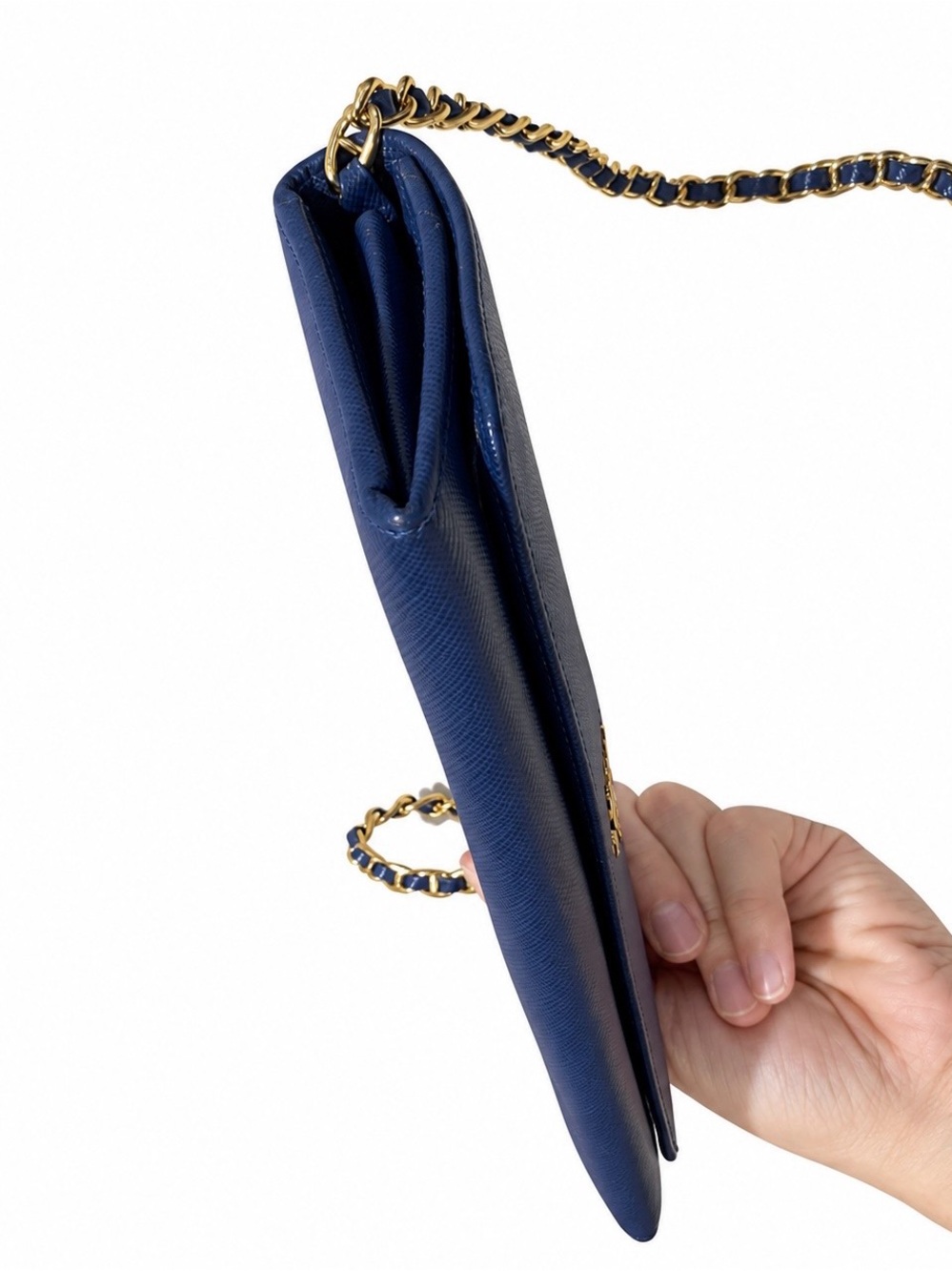 Prada Blue Saffiano Leather Chain Clutch with Gold Chain - Picture 5 of 7